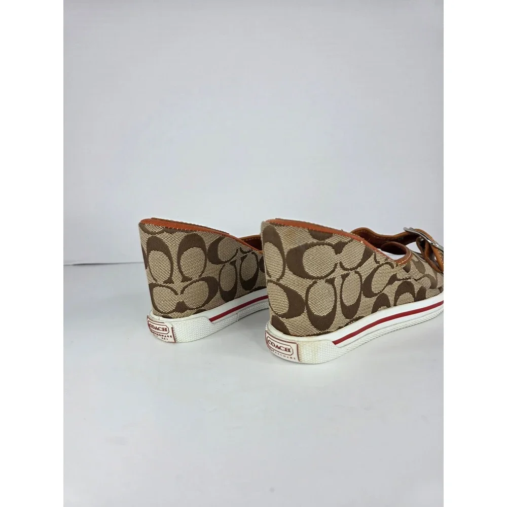Coach Alyssa Wedge Sandals Womens 8.5 B Brown Canvas Monogram Buckle C Logo